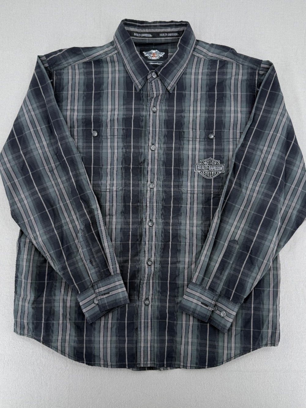 Harley-Davidson Embroidered Plaid Button Up Shirt Gray Black MotorClothes Men XL